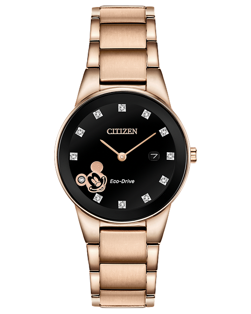 Citizen Mickey Mouse Ladies Eco-Drive Rose Gold Black Dial Watch